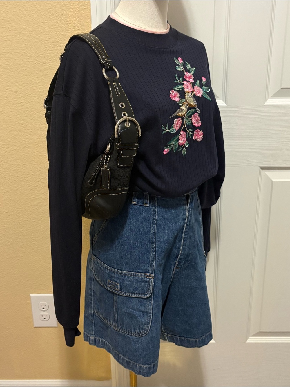 Vintage Bon Worth Navy Sweatshirt with Pink Floral Embroidery